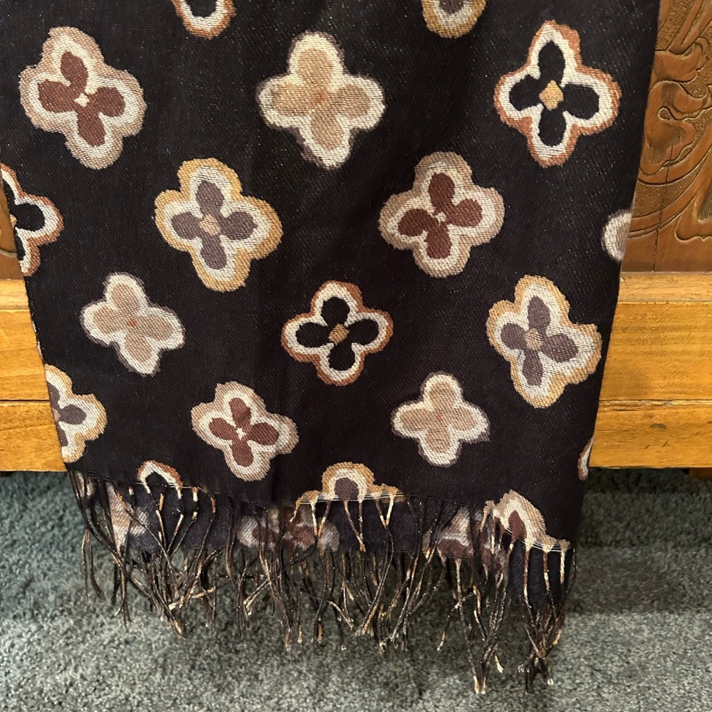 Patterned Black Scarf with Fringe